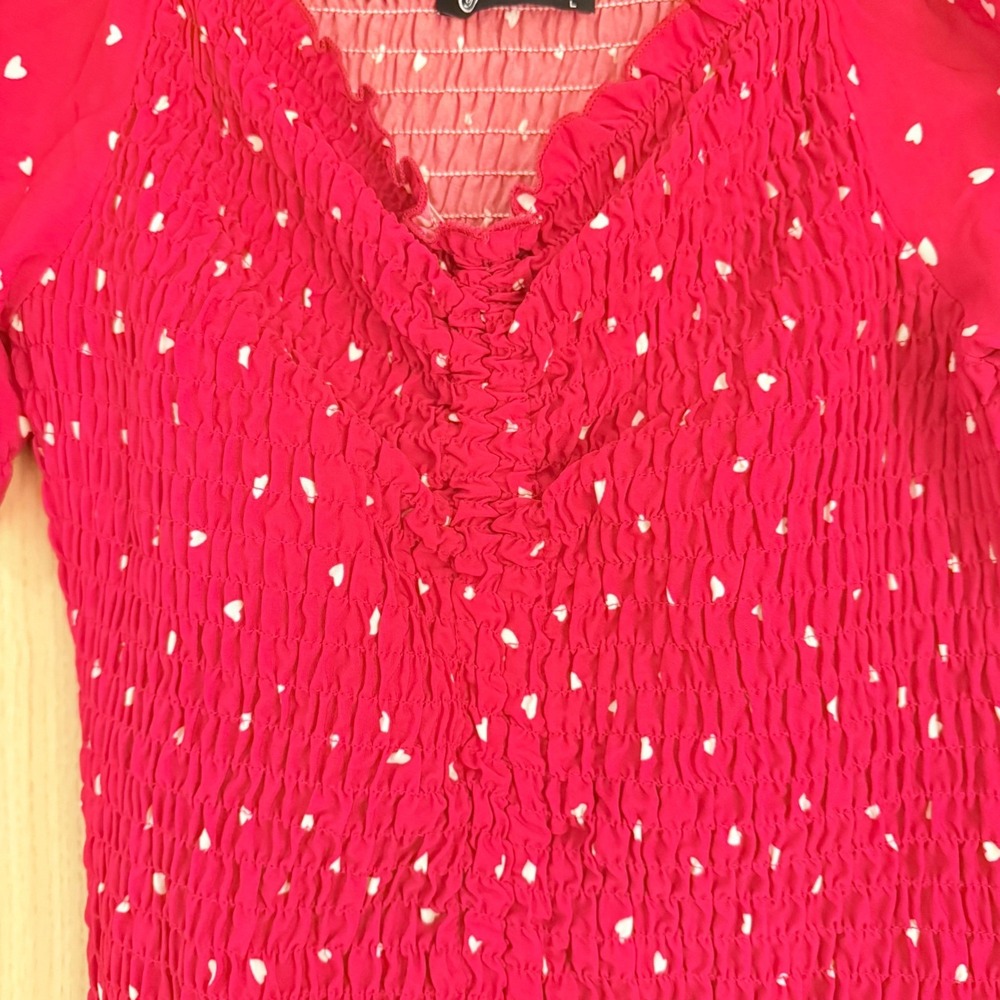 Valentines Prettygarden Red Heart Smocked Bodycon Dress Ruched Tie Puff Sleeve L - Picture 5 of 8